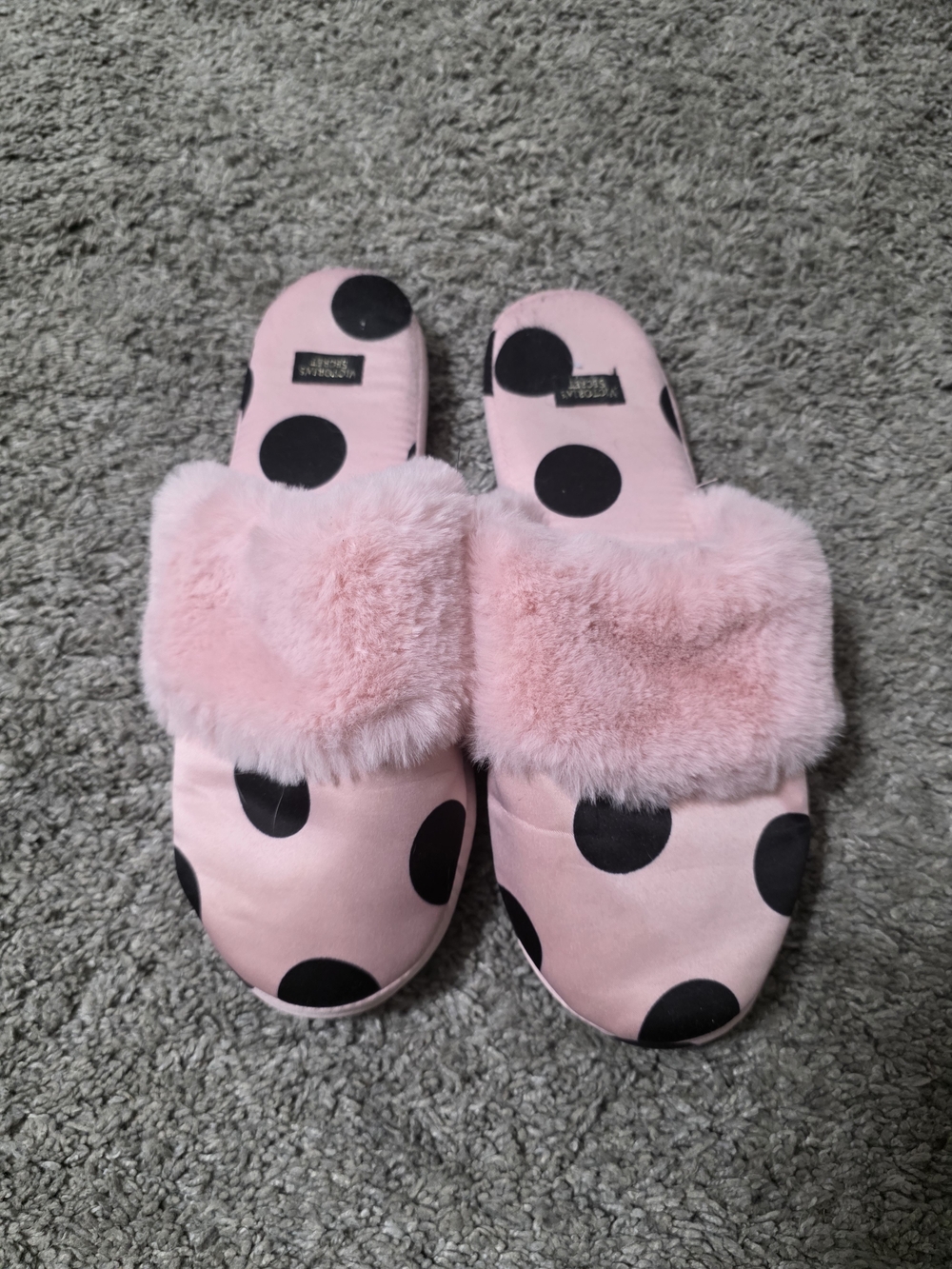 Pink Victoria's Secret Pink Fuzzy Polka Dot Slide Slippers